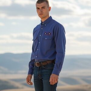 Vintage Frontier‎ Series Men's Royal Blue Western Cotton Shirt 2XL Aztec Western